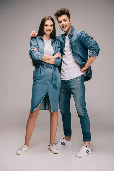 Attractive Girlfriend Denim Dress Crossed Arms Smiling Boyfriend Jeans Shirt — Stock Photo, Image