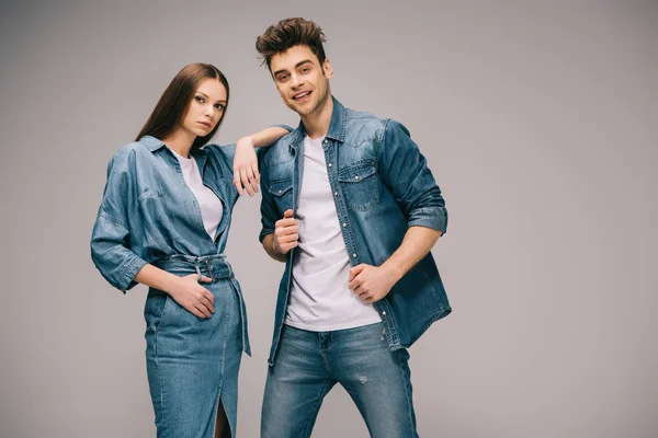 Girlfriend Denim Dress Smiling Boyfriend Jeans Shirt Looking Camera — Stock Photo, Image