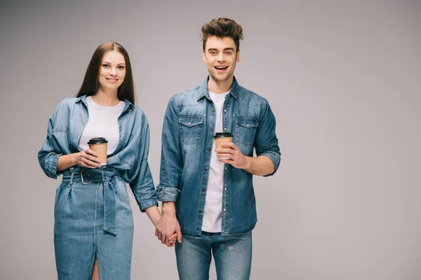 Girlfriend Denim Dress Handsome Boyfriend Jeans Shirt Holding Paper Cups — Stock Photo, Image