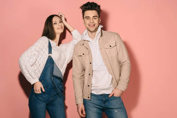 Brunette Beautiful Girlfriend Denim Overalls Handsome Boyfriend Smiling Looking Camera — Stock Photo, Image