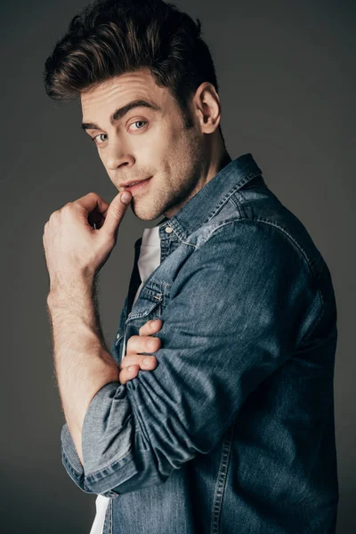 Handsome Brunette Man Denim Shirt Looking Camera Isolated Black — Stock Photo, Image