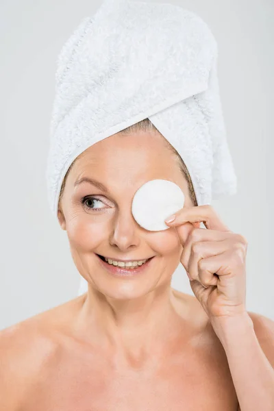 Attractive Smiling Mature Woman Towel Holding Cotton Pad Isolated Grey — Stock Photo, Image
