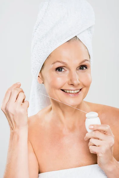 Attractive Smiling Mature Woman Towel Holding Dental Floss Looking Camera — Stock Photo, Image