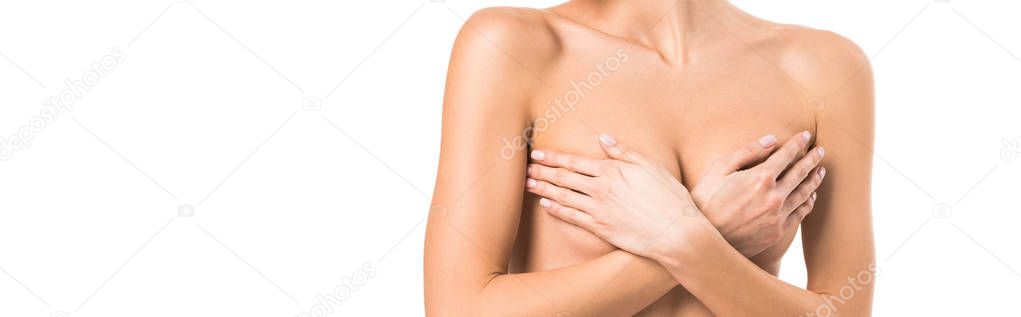 panoramic shot of naked young woman covering breasts isolated on white with copy space
