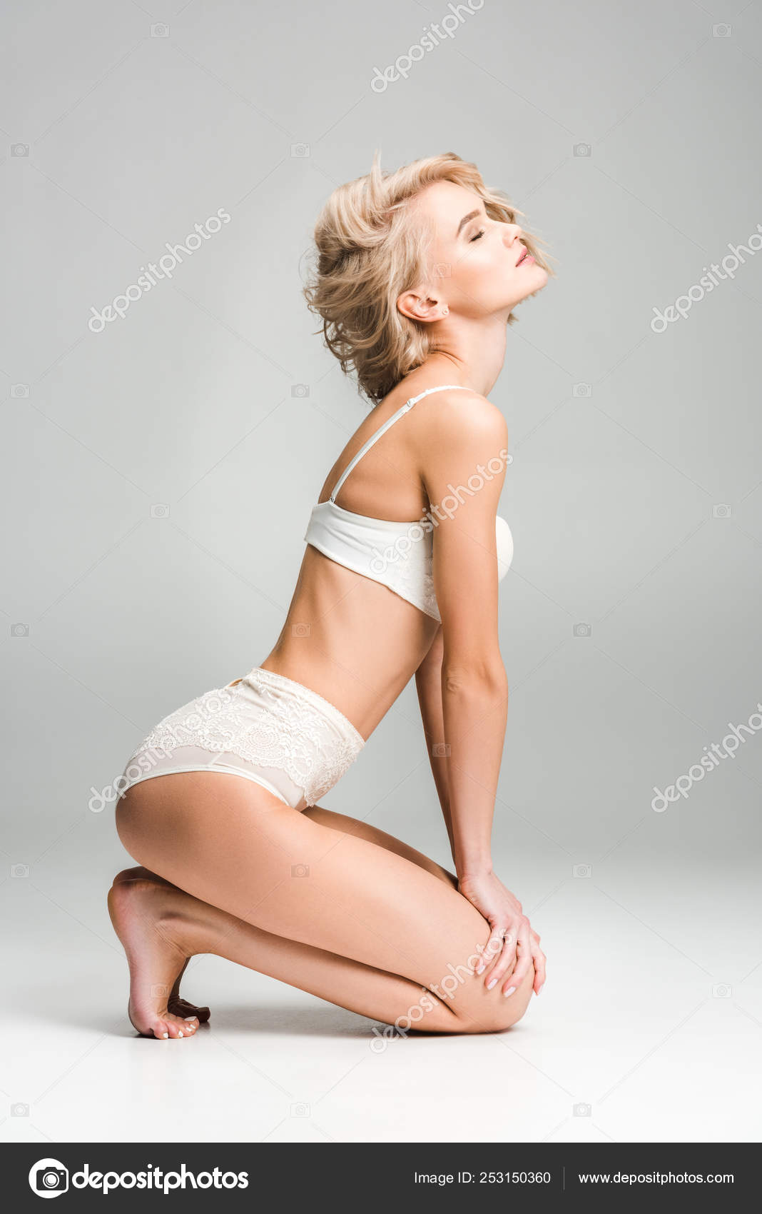 Beautiful Sexy Blonde Girl Lingerie Sitting Posing Grey Stock Photo by  ©AllaSerebrina 253150360
