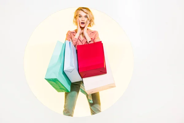 Surprised Stylish Girl Looking Camera Holding Shopping Bags White Yellow — Stock Photo, Image