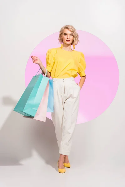 Beautiful Stylish Girl Looking Camera Holding Colorful Shopping Bags White — Stock Photo, Image