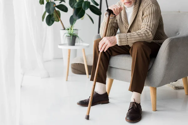 Cropped View Retired Man Sitting Armchair Walking Cane — Stock Photo, Image