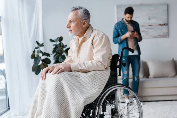 Selective Focus Disabled Senior Man Wheelchair Son — Stock Photo, Image