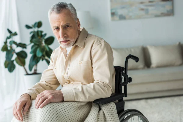 Upset Disabled Retired Man Sitting Wheelchair Looking Camera — Stock Photo, Image