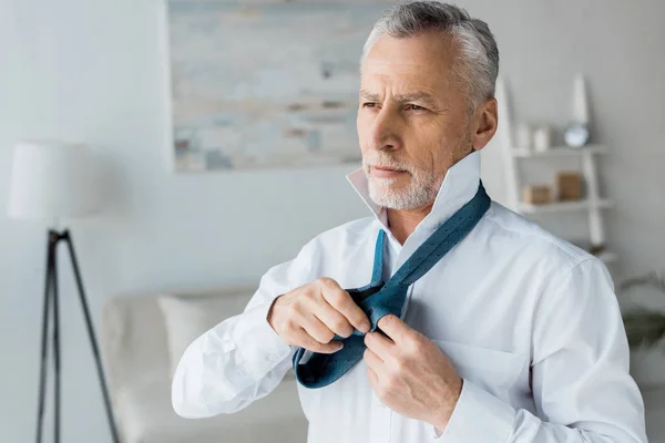 Allvarliga Och Eleganta Senior Man Knyta Blå Slips Hemma — Stockfoto