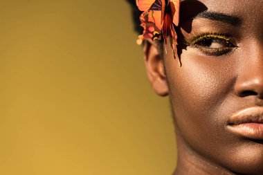 Kahverengi uzak görünümlü kelebekler ile ciddi Afrikalı Amerikan kadının kırpılmış görünümü