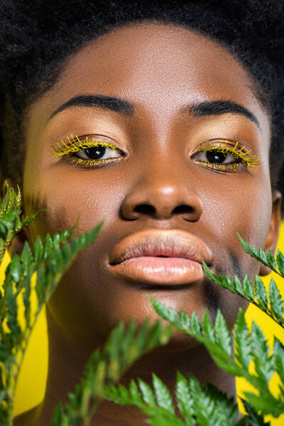 Beautiful african american girl with green fern isolated on yellow