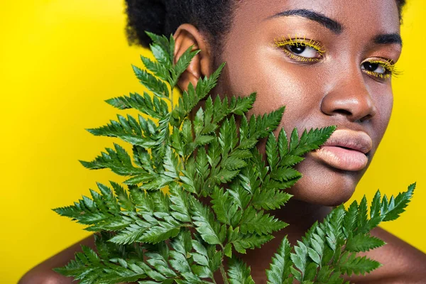 Menina Americana Africana Bonita Com Samambaia Verde Isolado Amarelo — Fotografia de Stock