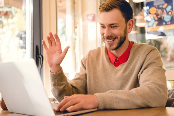 Cheerful Freelancer Waving Hand While Having Video Call Laptop — Stock Photo, Image
