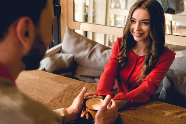 Selective Focus Cheerful Girl Looking Boyfriend Holding Cup Coffee — Stock Photo, Image