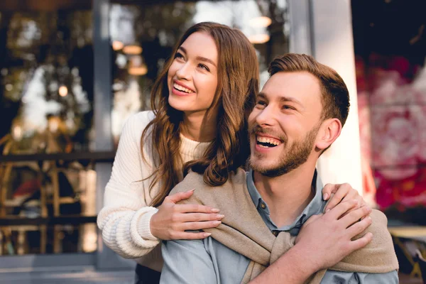 Happy Girl Smiling While Hugging Handsome Bearded Boyfriend — Stock Photo, Image