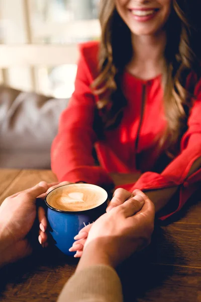 Cropped View Man Cheerful Woman Holding Cup Coffee — Stock Photo, Image