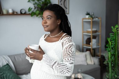 Saçları örgülü hamile bir zenci kadın sıcak bir içkiyi evinde yudumluyor..