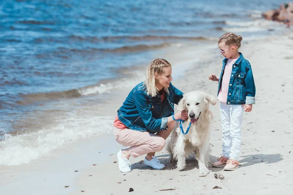 Mother and kid walking with golden retriever dog on sea shore — Stock Photo