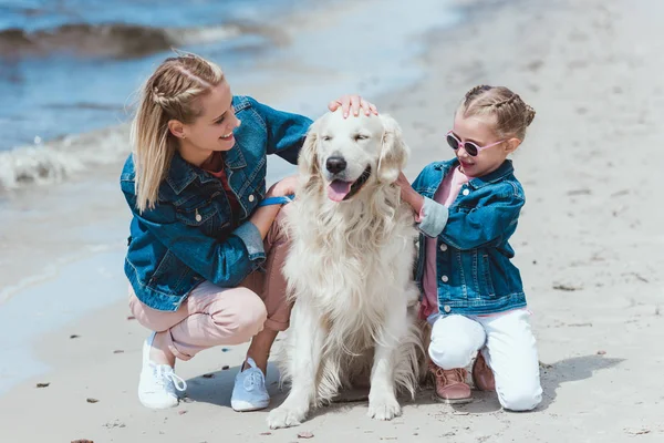 Familia feliz sentado con perro golden retriever en la orilla del mar - foto de stock