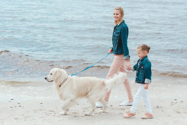 Feliz madre e hija caminando con perro golden retriever en la orilla del mar - foto de stock