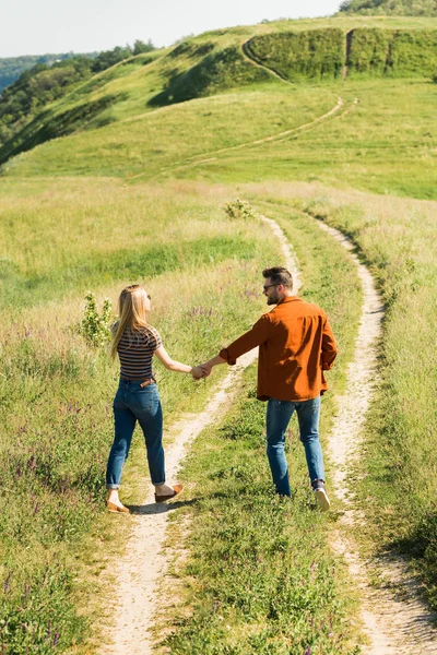 Vista trasera de la joven pareja cogida de la mano y caminando por el prado rural - foto de stock