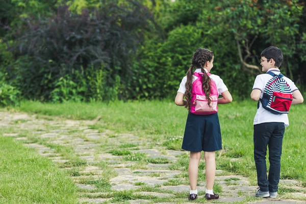 Visão traseira de escolares caminhando pelo caminho no parque juntos — Fotografia de Stock