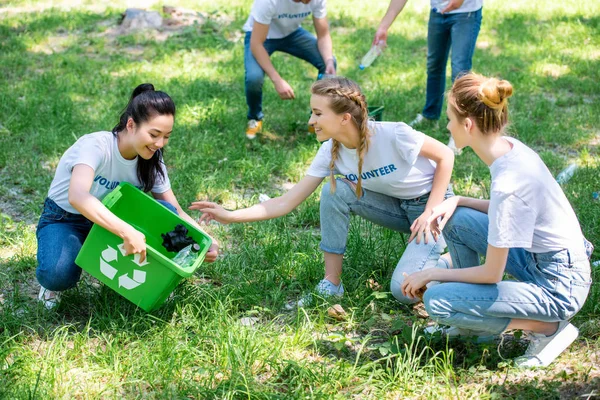 Jóvenes voluntarios limpiando el césped verde en el parque juntos - foto de stock