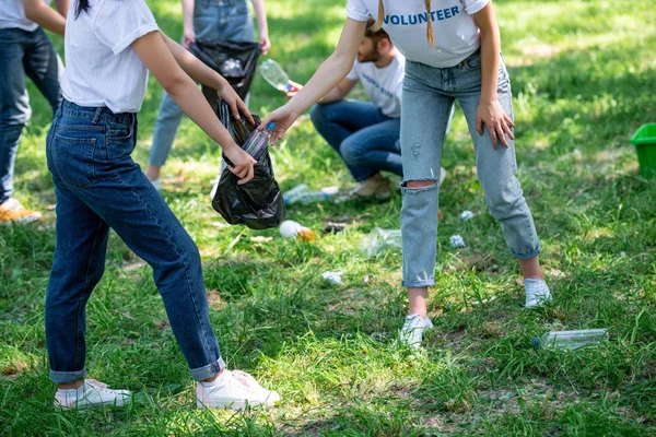 Cropped view of young volunteers cleaning park — Stock Photo