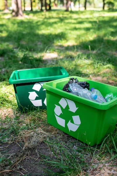 Cajas de reciclaje verde con basura de pie en la hierba - foto de stock