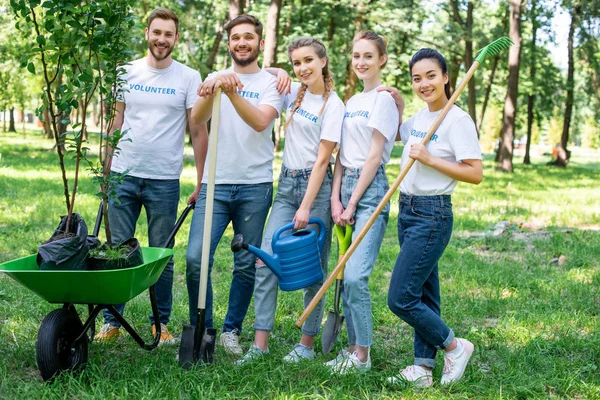 Young volunteers posing in park with watering can, shovel, rake and wheelbarrow with new trees — Stock Photo