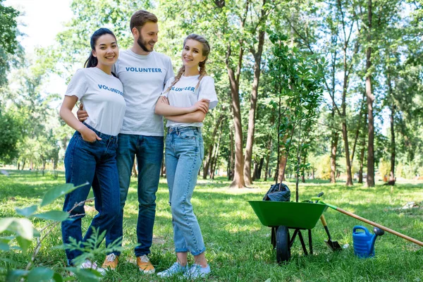 Young volunteers planting new trees in park — Stock Photo
