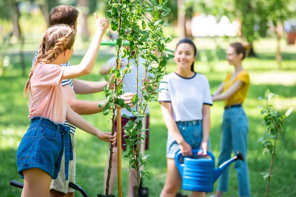 Young people planting new trees and volunteering in park together — Stock Photo