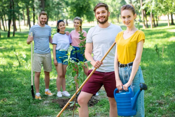 Comunidad joven plantando nuevos árboles y haciendo voluntariado en el parque juntos - foto de stock