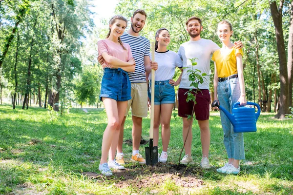 Friends with watering can and shovel planting new tree and volunteering in park — Stock Photo