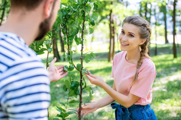 Joven pareja mirando verde árbol en parque - foto de stock