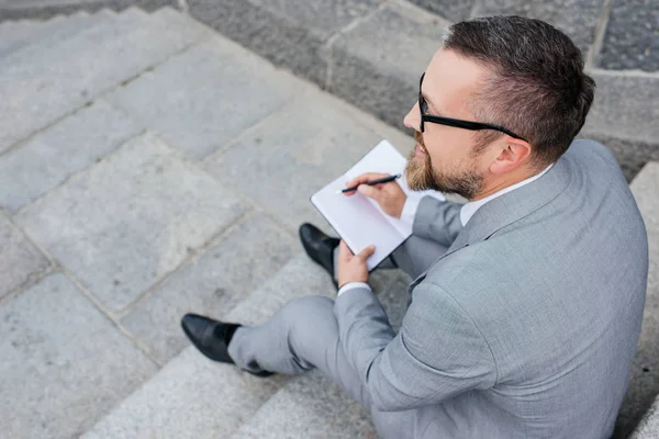 Vista aérea de hombre de negocios escribiendo en planificador - foto de stock