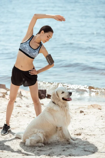 Asian sportswoman with smartphone in running armband case doing exercise while her dog sitting near on beach — Stock Photo