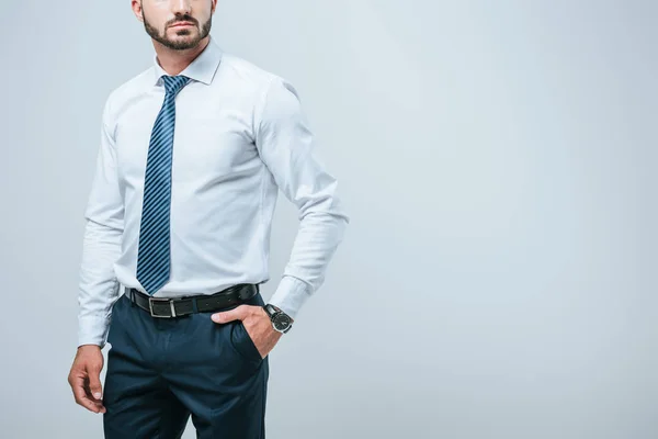 Обрізаний образ бізнесмена, що стоїть з рукою в кишені ізольовано на сірому — стокове фото