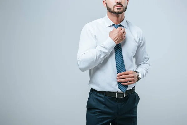 Cropped image of businessman fixing tie isolated on grey — Stock Photo