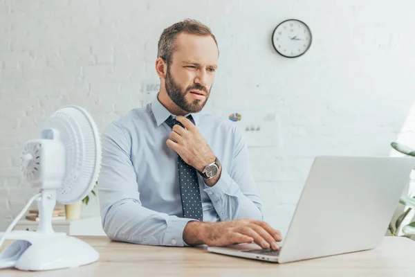 Bearded businessman working with laptop at workspace with electric fan — Stock Photo