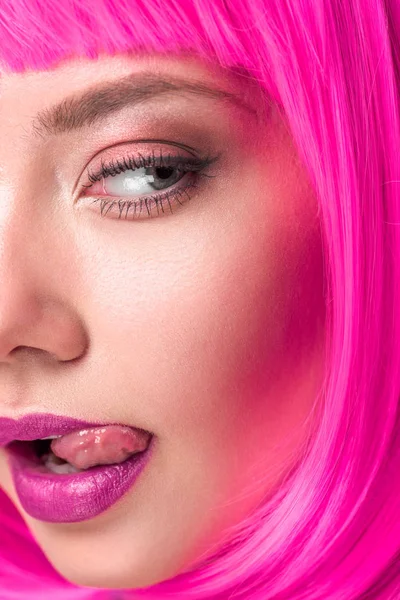 Partial view of attractive young woman with pink hair — Stock Photo