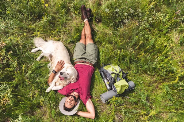 Top view of tourist and golden retriever dog lying on green grass with backpack — Stock Photo