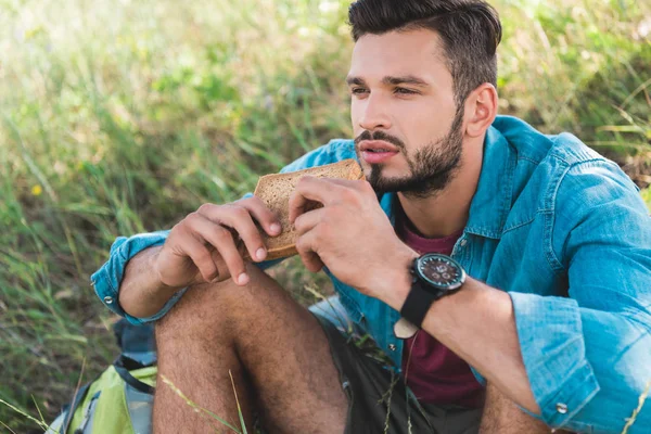 Schöner Mann isst Sandwich und sitzt auf grünem Gras — Stockfoto