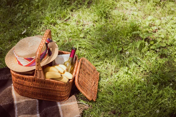 Cesta para piquenique com bananas e garrafa de vinho no parque — Fotografia de Stock