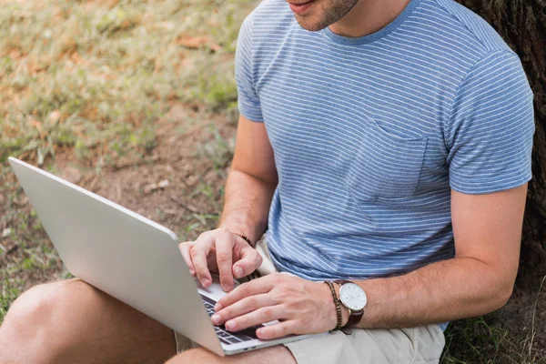 Обрезанное изображение человека, сидящего возле дерева в парке и использующего ноутбук — стоковое фото