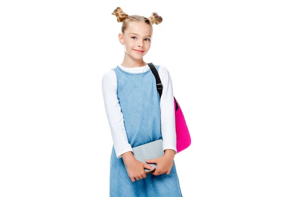 Schoolchild with pink backpack holding books and looking at camera isolated on white — Stock Photo