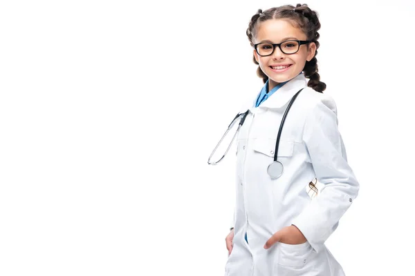 Smiling schoolchild in white coat looking at camera isolated on white — Stock Photo