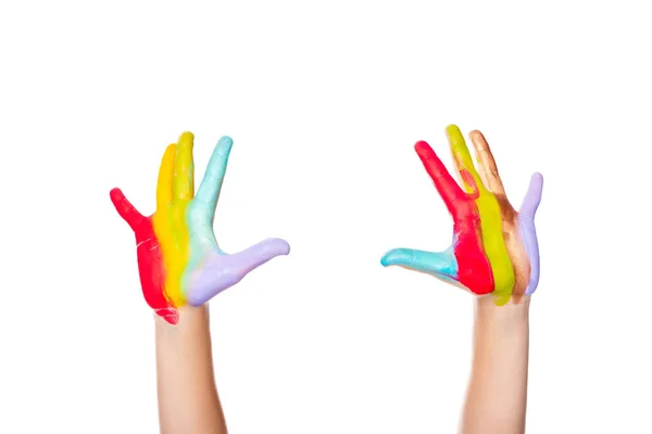 Immagine ritagliata di scolaro che mostra le mani dipinte isolate sul bianco — Foto stock